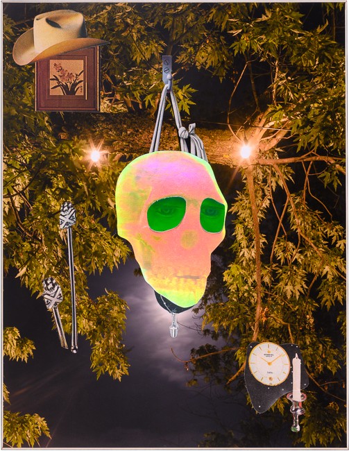 Photo-collage by John Bowman and Jimmy Fountain. Skull in the Trees, 2021